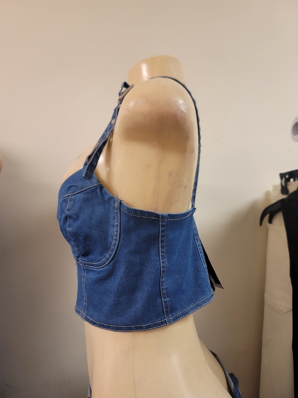 2 Denim Zip-Front Bustier Crop Top - Light & Medium Blue - Picture 5 of 7